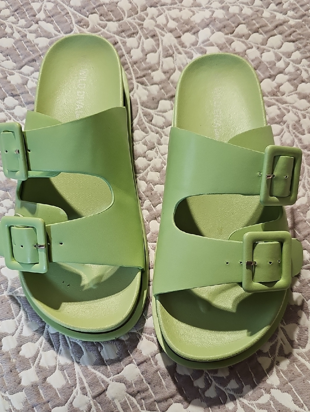 Wild Diva Green Double Buckle Slide Sandals